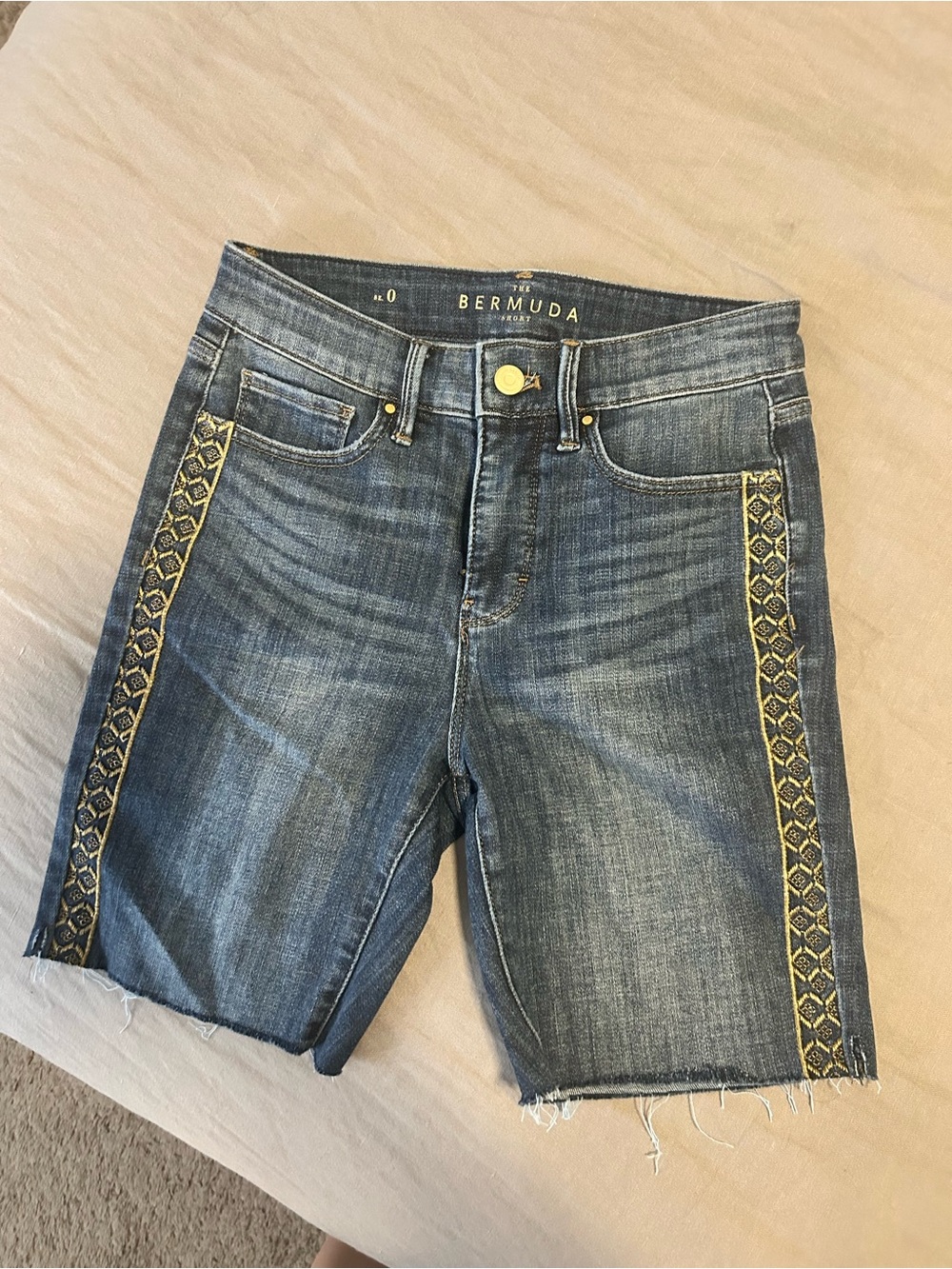 Bermuda Embroidered Side-Trim Denim Shorts - Blue